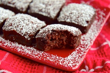 Beetroot chocolate brownie dusted with powdered sugar