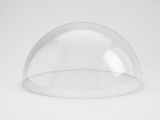 Transparent Empty Glass hemisphere dome. Bell jar, exhibition display case, dust cover on light gray background. 3d rendering