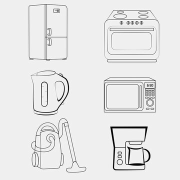 Set of icons with household appliances on a white background.