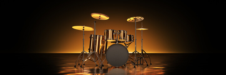 Gold drum kit in golden background. 3d rendering	