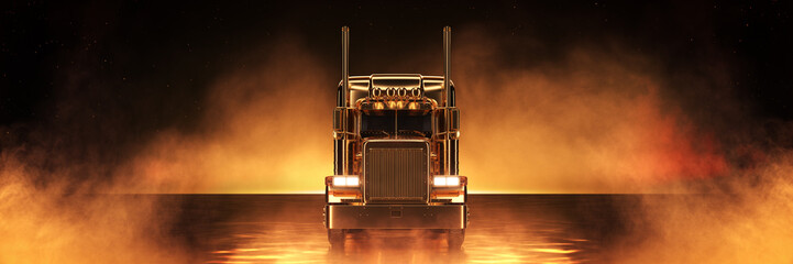 Gold truck in golden background. 3d rendering