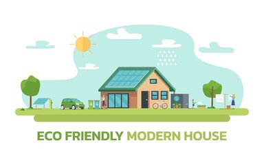 Obraz na płótnie Canvas Illustration of happy family and eco friendly sustainable modern house