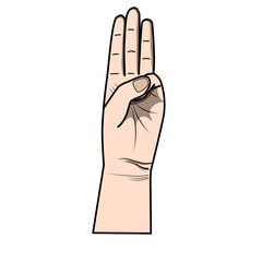 illustration of hand showing three finger up on isolate white background. hand symbol. Flat design vector.