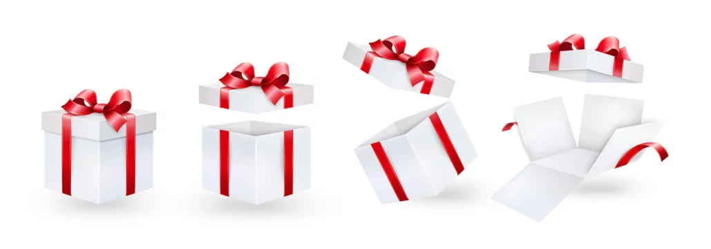 Gift box with red ribbon and bow. Different position of a festive white paper box.