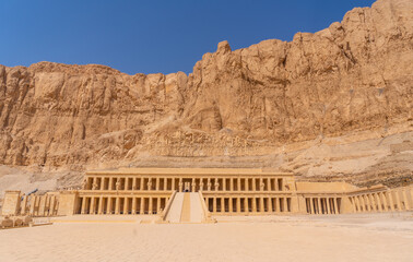 View of the Mortuary Temple of Hatshepsut without people on the way back from tourism in Luxor after the coronavirua pandemic, Egypt