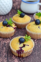 Blueberry coconut muffins garnish with mint leaves
