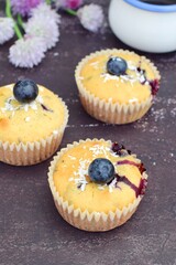 Blueberry coconut muffins on wooden background
