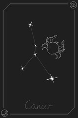 Cancer horoscope card with constelation, zodiac sign and a patronizing planet. Hand drawn vector illustration on dark background. Taro card.