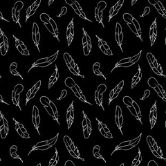 Black and white line art feathers seamless repeat pattern vector background, hand-drawn elegant feather elements on dark background