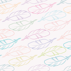 Fototapeta na wymiar Cute pastel colorful vector seamless pattern background with feathers, hand-drawn feather elements, cute girly pattern