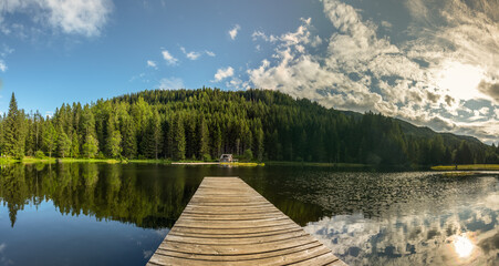 reflecting pond with wooden jetty in a forest panorama