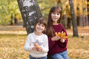 Foto op Canvas Twee meisjes in een park. De kinderen houden bladeren vast in het herfstbos. © Albert Ziganshin