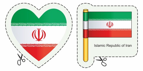 Flag of Iran, Islamic Republic of Iran. Vector cut sign here, isolated on white. Can be used for design, stickers, souvenirs.