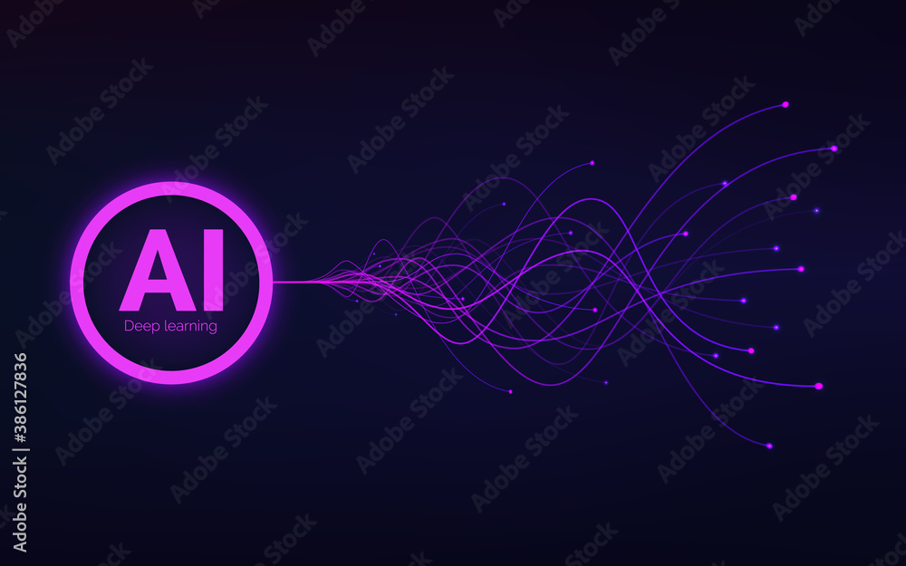 Poster ai. artificial intelligence concept of neural networks. abstract technology wavy background. deep le
