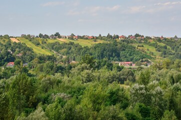 Summer rural landscape. Trees and houses on green hills.