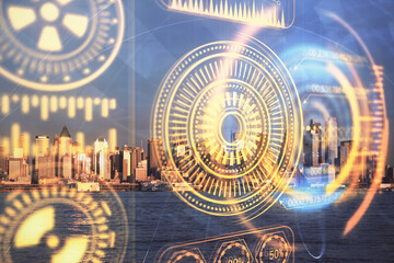 Double exposure of technology theme hologram and cityscape background. Concept of Hightech.