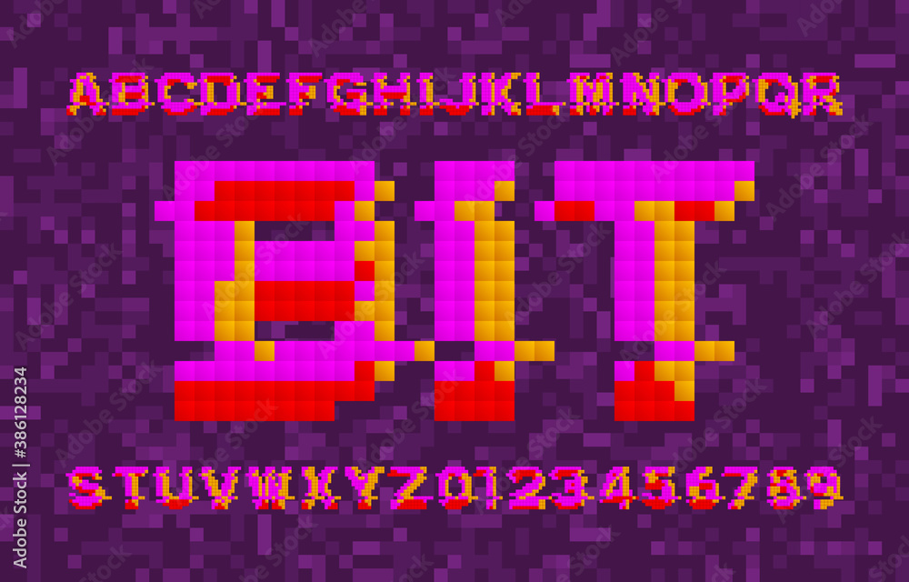 Fototapete bit alphabet font. glitched pixel letters, numbers and symbols. pixel background. 80s arcade video g