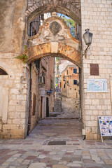 Empty narrow streets in old Kotor, Montenegro