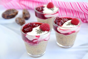Chia date pudding with yogurt and raspberry sauce
