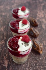 Chia date pudding with yogurt and raspberry sauce