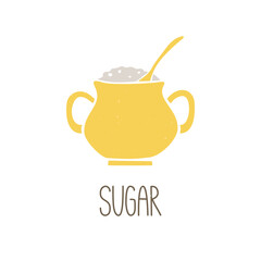 Cute caption sugar bowl with spoon isolated on white background. Cozy pictogram original design. Vector shabby hand drawn illustration