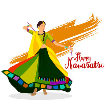 Illustration of girls are playing dandiya on the occasion of Navaratri Garba Disco Nights. Wearing colourful traditional dresses. Decorated background on blue colour. Happy Navaratri. Happy Dussehra.