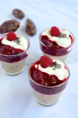 Chia date pudding with yogurt and raspberry sauce