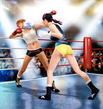 Women Boxing Together Knock-Out Punch
