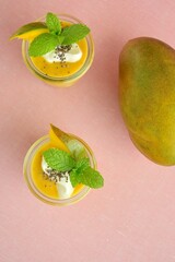 Mango baobab chia yogurt layer with mint leaf
