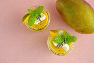 Mango baobab chia yogurt layer with mint leaf
