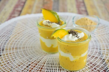 Mango baobab chia yogurt layer with mint leaf
