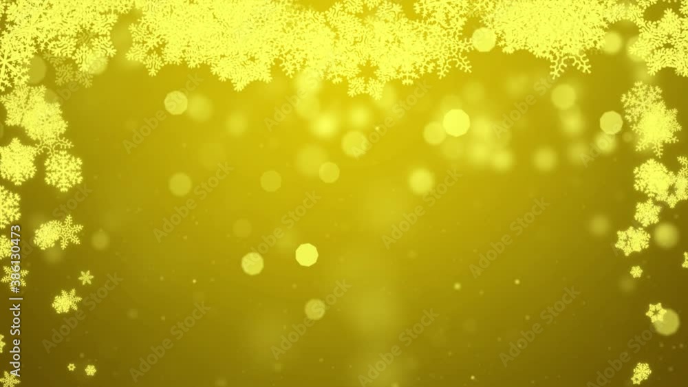 Poster abstract sharp and blurred particles swarming golden snowflake snow loop background. merry christmas