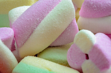 Beautiful background of Marshmallows - Pink, green & white colors - Macro shot Close up