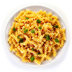 Pasta with parmesan and vegetables on white background
