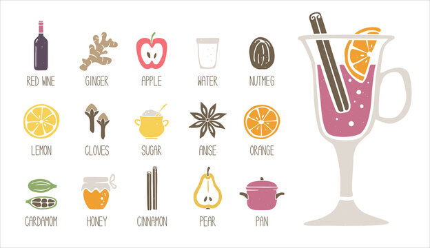 Cute mulled wine ingredient icons set isolated on white background. Cozy pictograms. Can be used for menu, Christmas or New Year decoration. Vector shabby hand drawn illustration