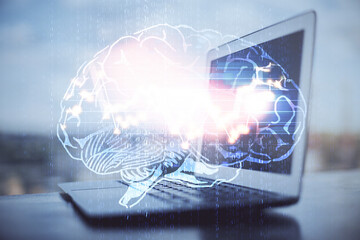 Double exposure of desktop computer and human brain drawing hologram. Ai concept.