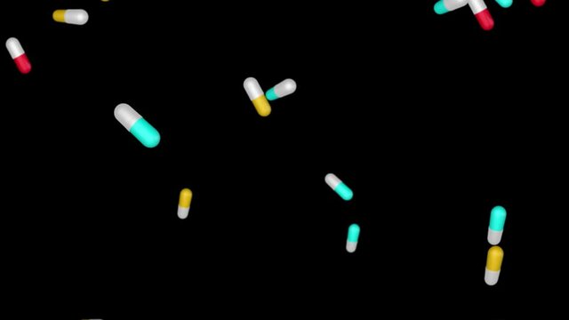 4k Loop animation of White bluepills falling blue background. Alpha Channel. Antibiotics drug resistance. Antimicrobial capsule pills. Pharmaceutical industry. Pharmacy drugstore products.
