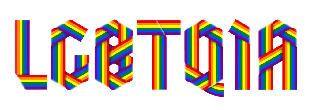 Initialism LGBTQIA made of bended ribbons with rainbow Pride flag colors.