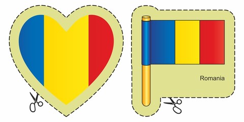 Flag of Romania. Vector cut sign here, isolated on white. Can be used for design, stickers, souvenirs.