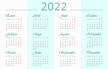 Spanish 2022 Calendar template. 12 months. Sundays and saturdays are highlighted in red. Week starts on Monday. Vector editable template 10 EPS. Horizontal poster, banner, web