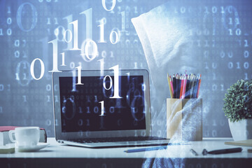 Double exposure of desktop with personal computer on background and tech theme drawing. Concept of data analysis.