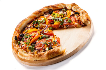 Pizza with ham, mozzarella, champignon and corn on white background