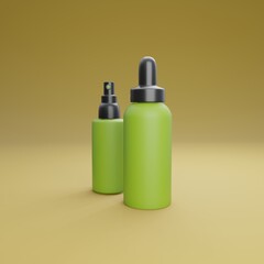 Elegant cosmetic bottles on yellow background. Modern cover design. 3d illustration.