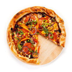 Pizza with ham, mozzarella, champignon and corn on white background