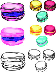 Vector set of macarons cookies of different colors. Color illustration and black and white line. Macaroons images for menus, flyers, banners, and covers.