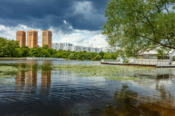 Fototapeta na wymiar view of the residential complex, House of Serebryany Bor, on the banks of the Moskva River