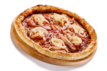 Pizza with ham, mozzarella, champignon, tomatoes and onion on white background
