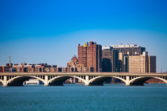 MacArthur Bridge Over Detroit River On Sunny Day From Sunset Point Of Belle Isle