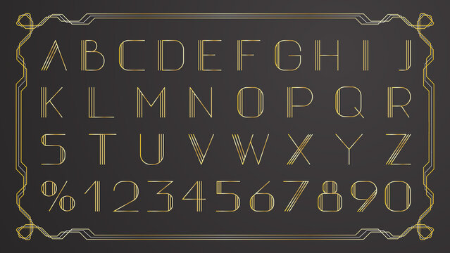 Retro gold thin retro font on black background. Vintage vector gold border.
