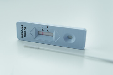 Negative SARS-CoV-2 Rapid Antigen Test isolated on white background with nasal swab stick